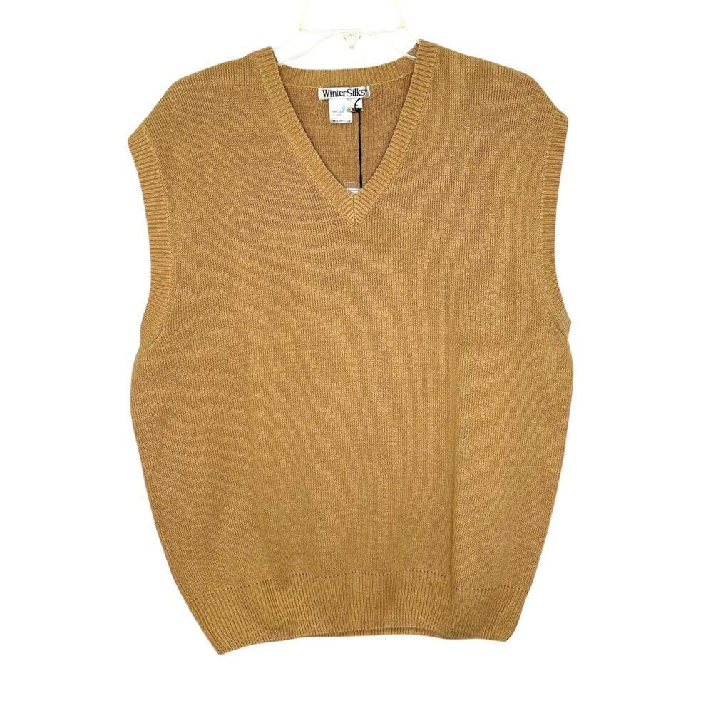 WinterSilks Men's Large 100% Silk Tan Pullover Sweater Vest Sleeveless NWT